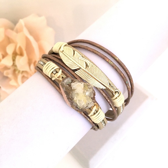 Beige Druzy Crystal Feather Leather Wrap Bracelet - Picture 4 of 6